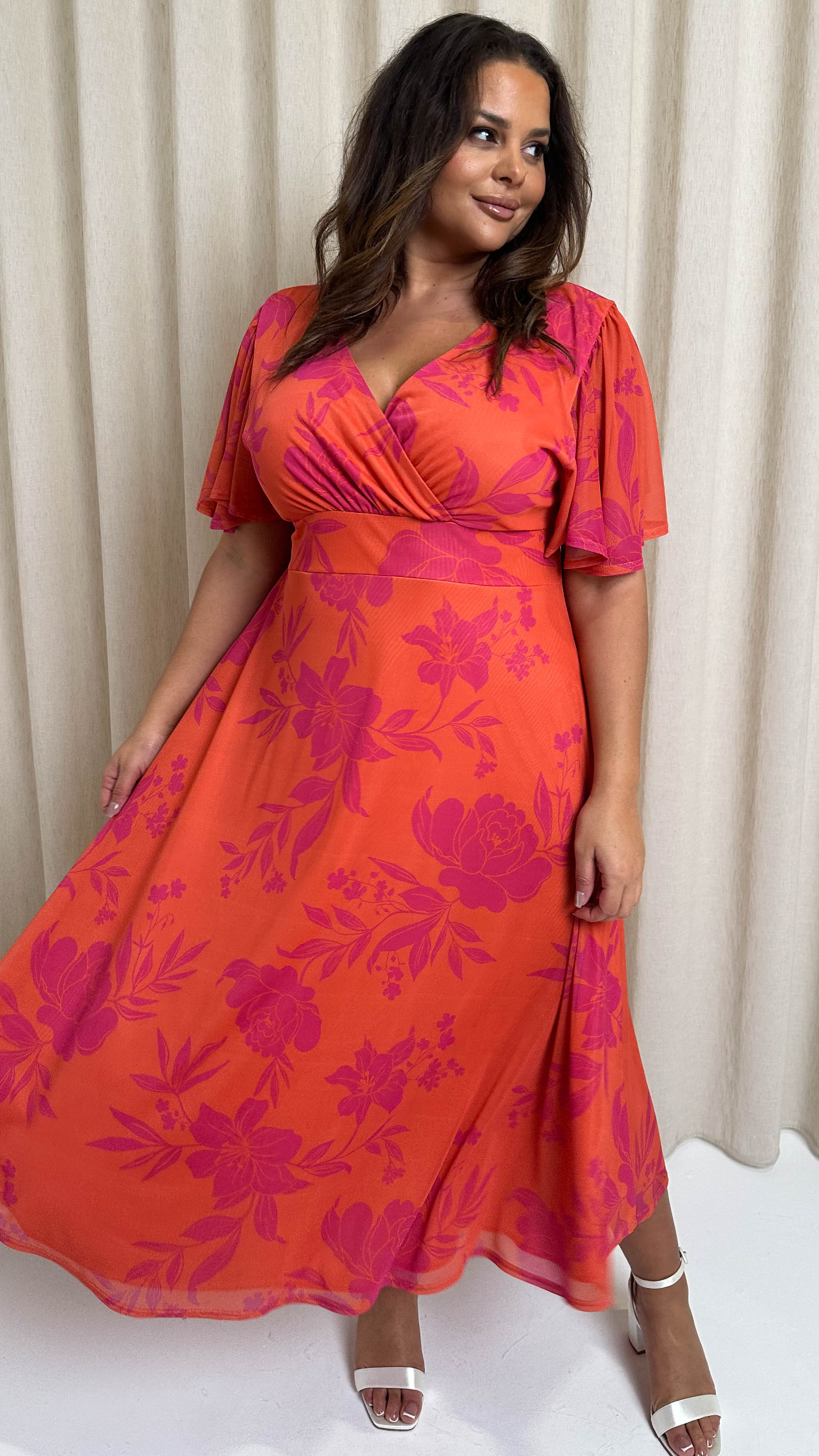 CurveWow Mesh Angel Sleeve Dress Coral Floral