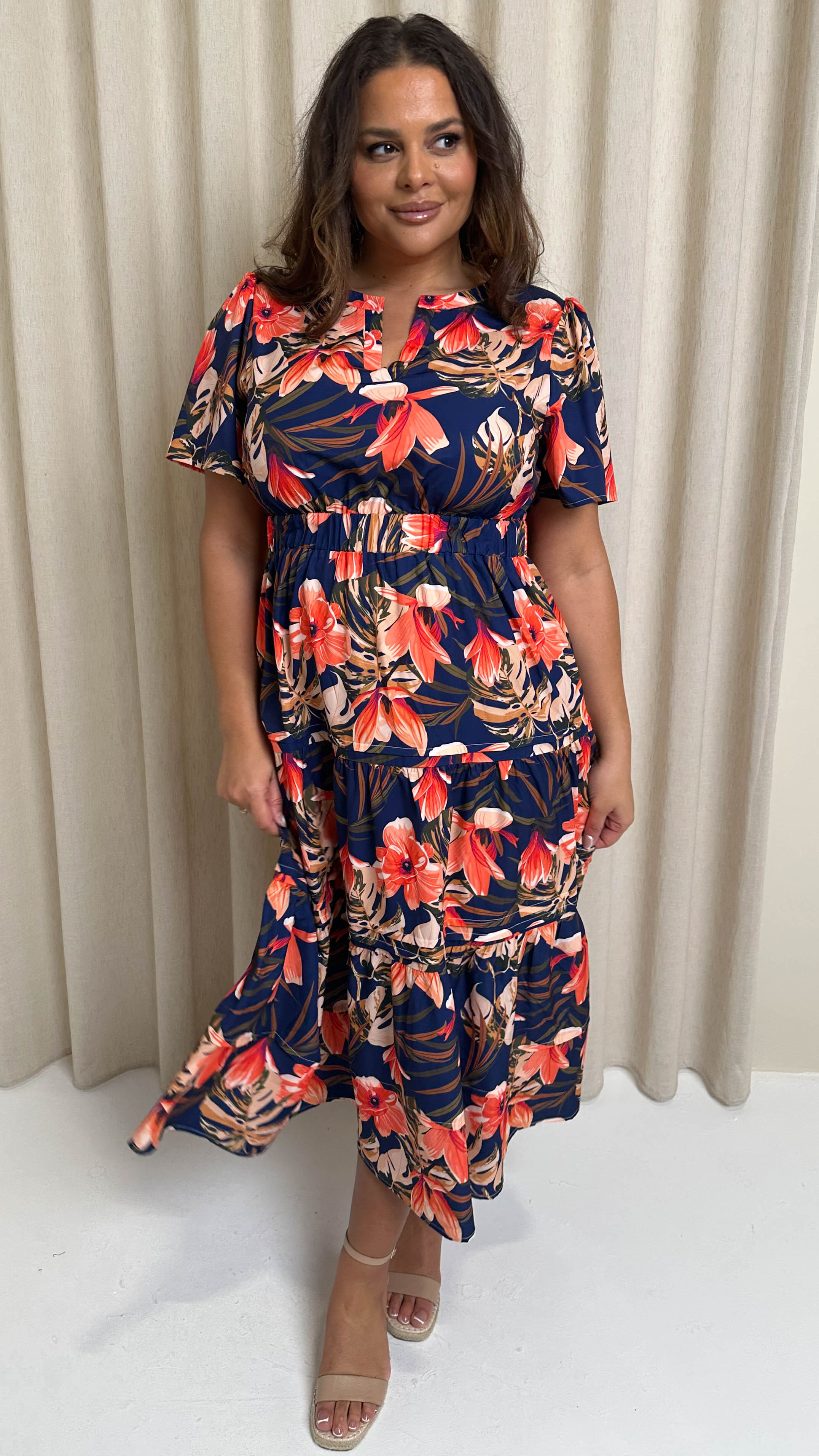 CurveWow Notch Neck Midi Dress Navy Tropical
