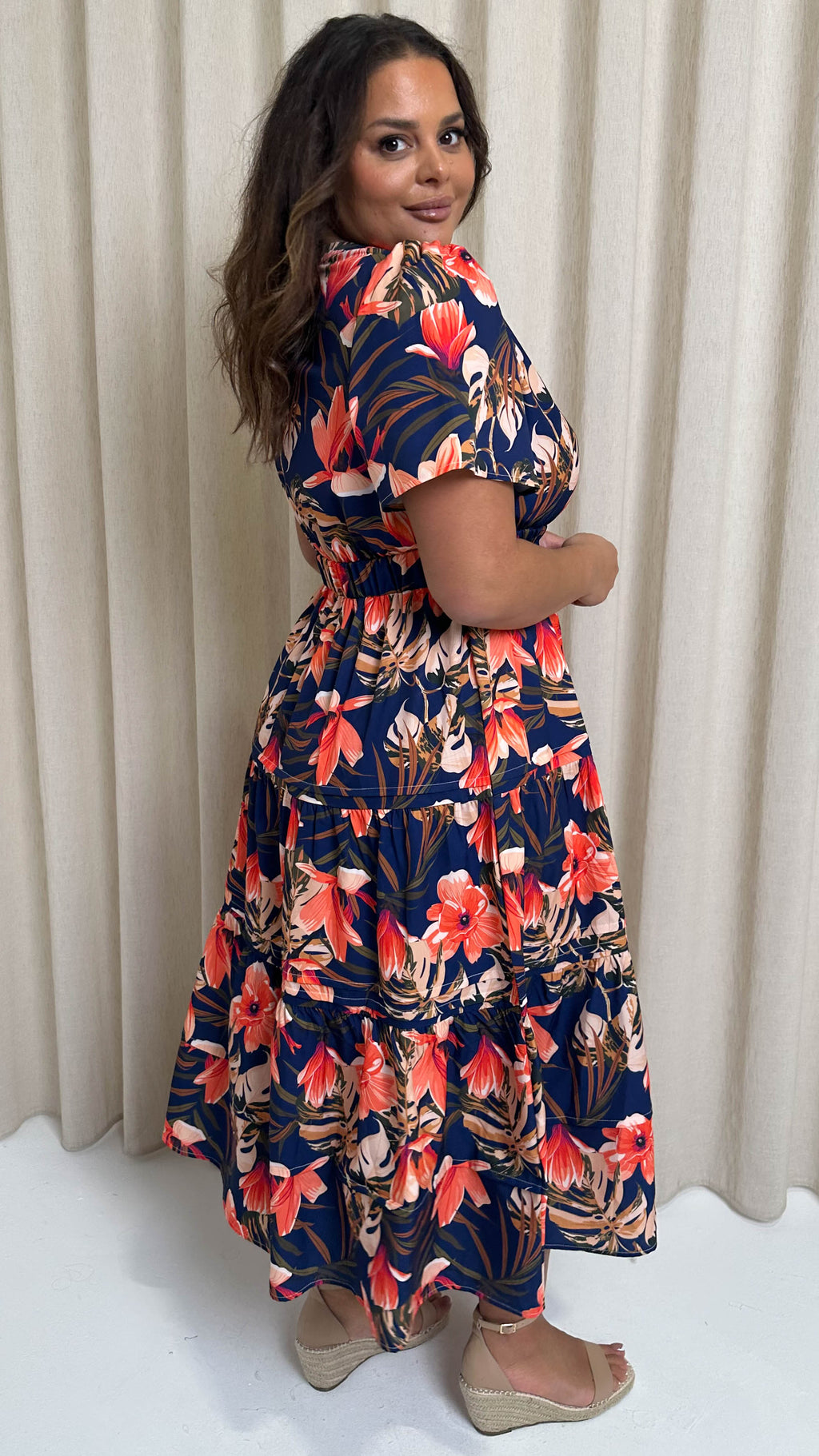 CurveWow Notch Neck Midi Dress Navy Tropical