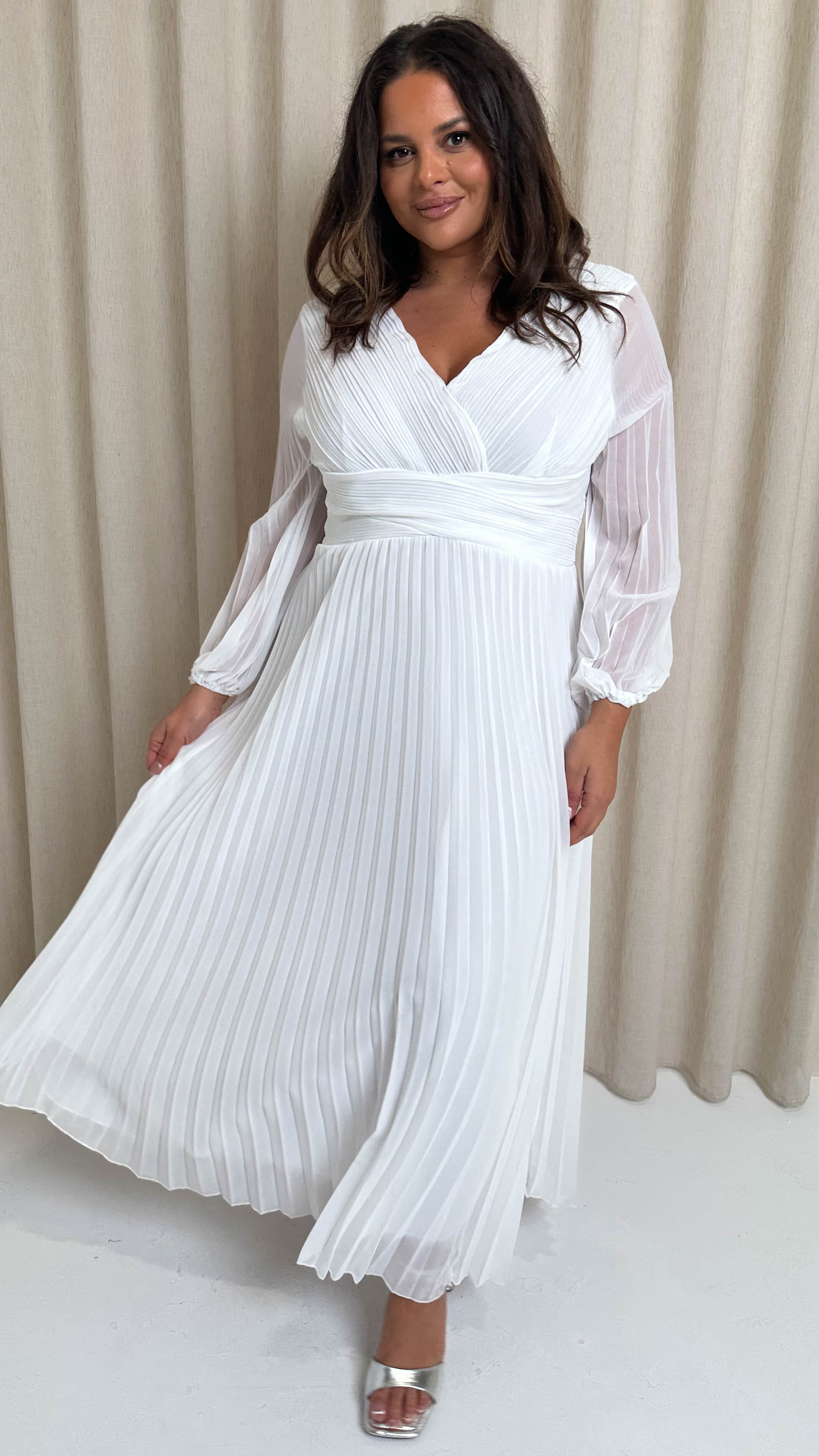CurveWow Pleated Wrap Maxi Dress White