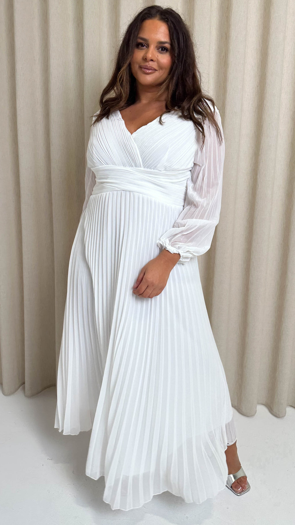CurveWow Pleated Wrap Maxi Dress White
