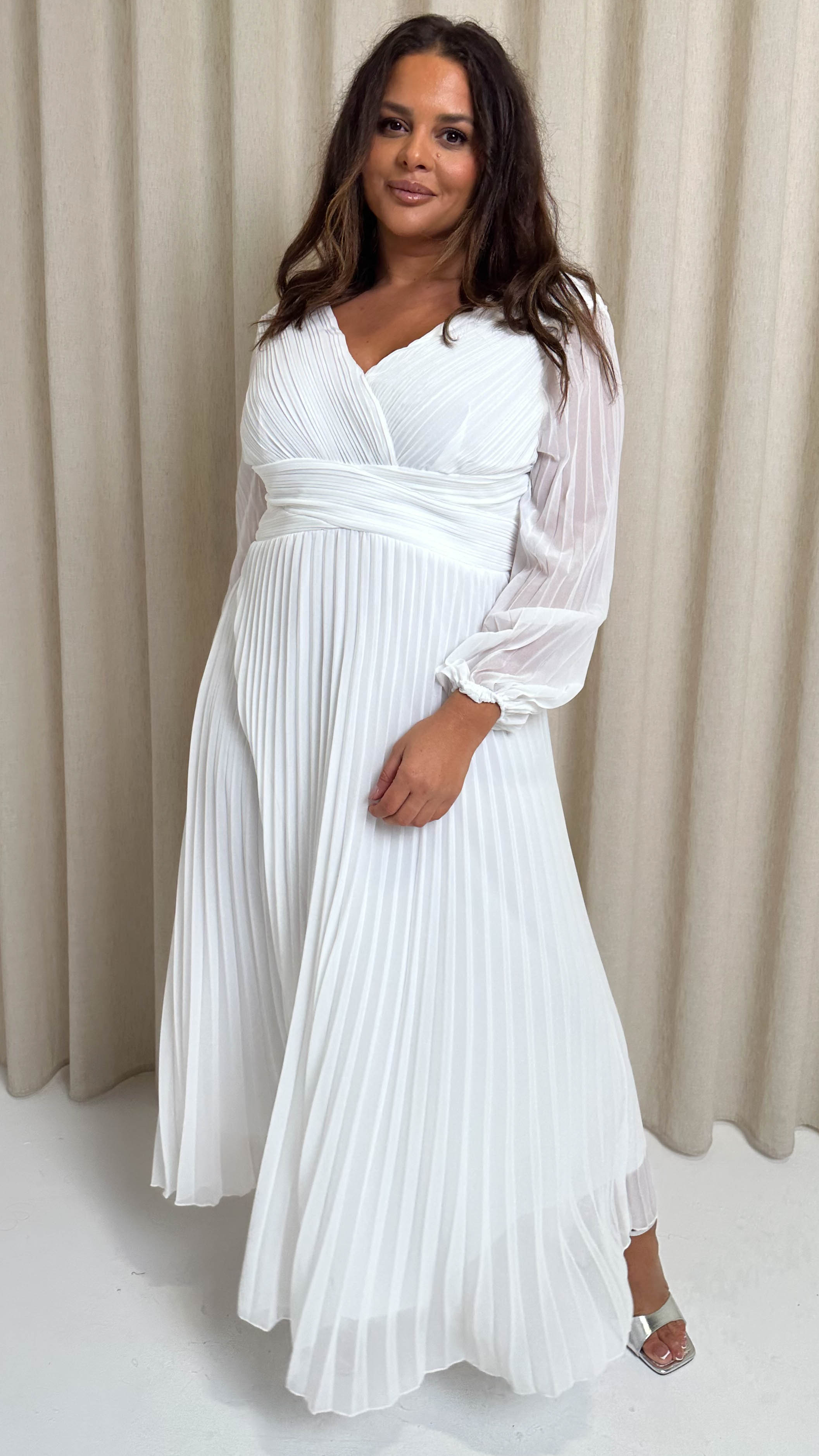 CurveWow Pleated Wrap Maxi Dress White