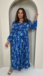 CurveWow Pleated Wrap Maxi Dress Blue Floral