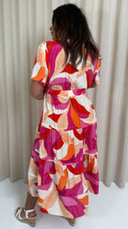 CurveWow Notch Neck Midi Dress Pink Multi Tropical