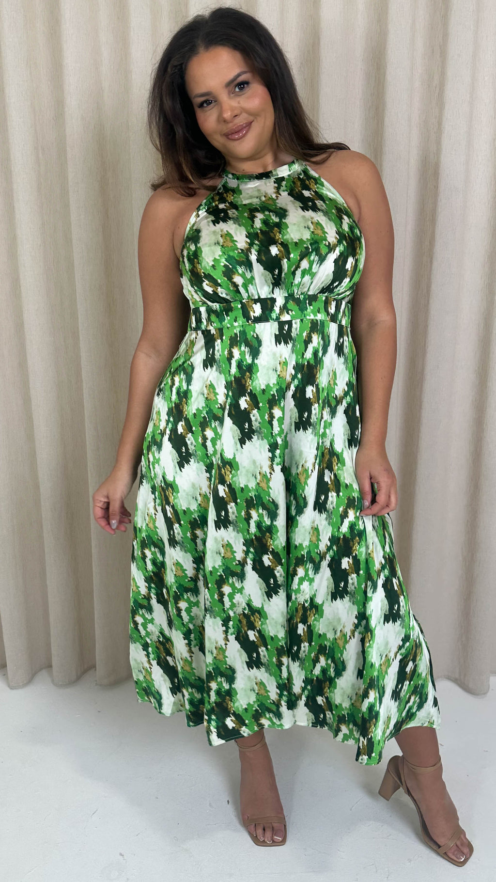 CurveWow Racer Cami Dress Green Abstract