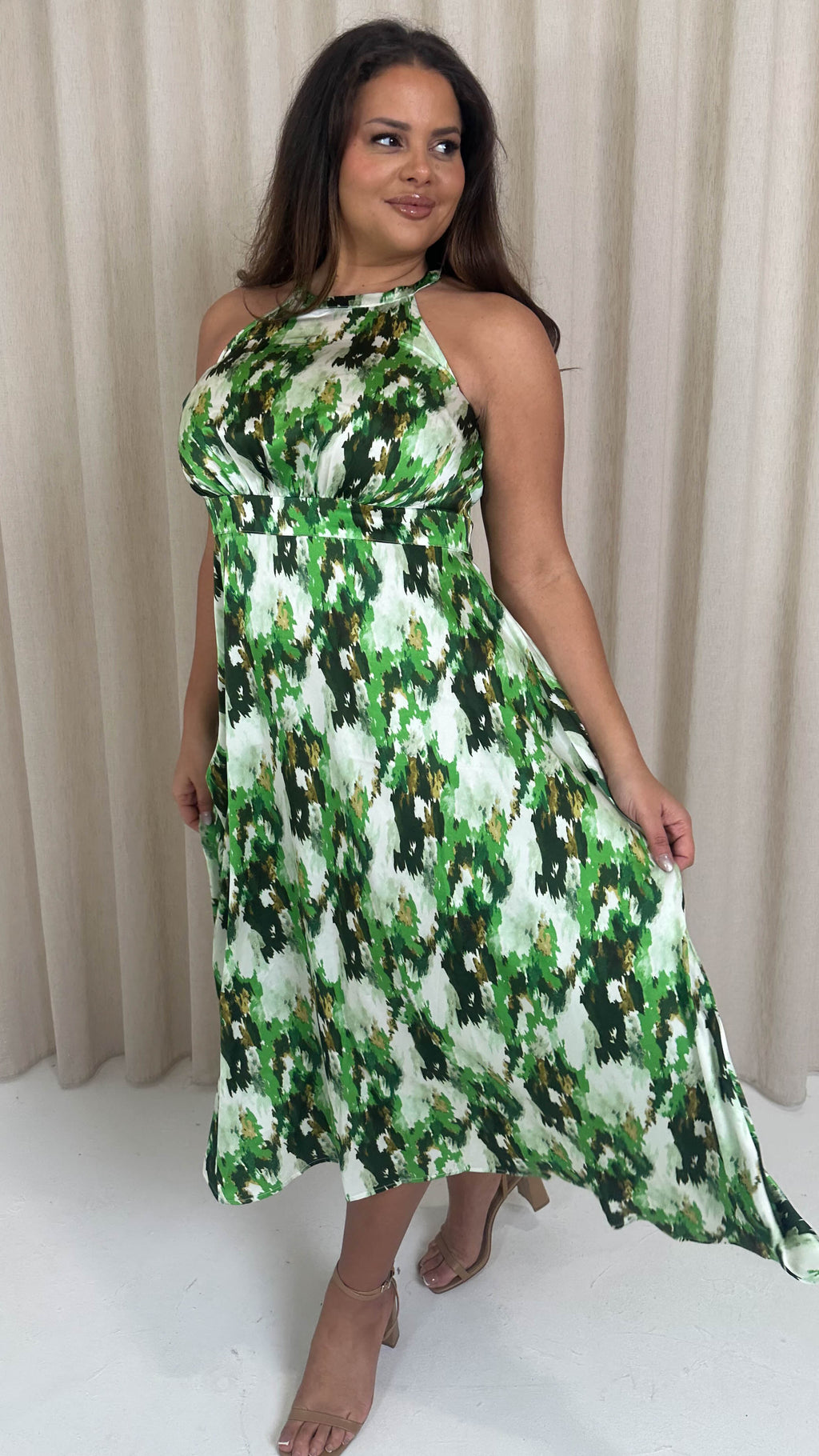 CurveWow Racer Cami Dress Green Abstract