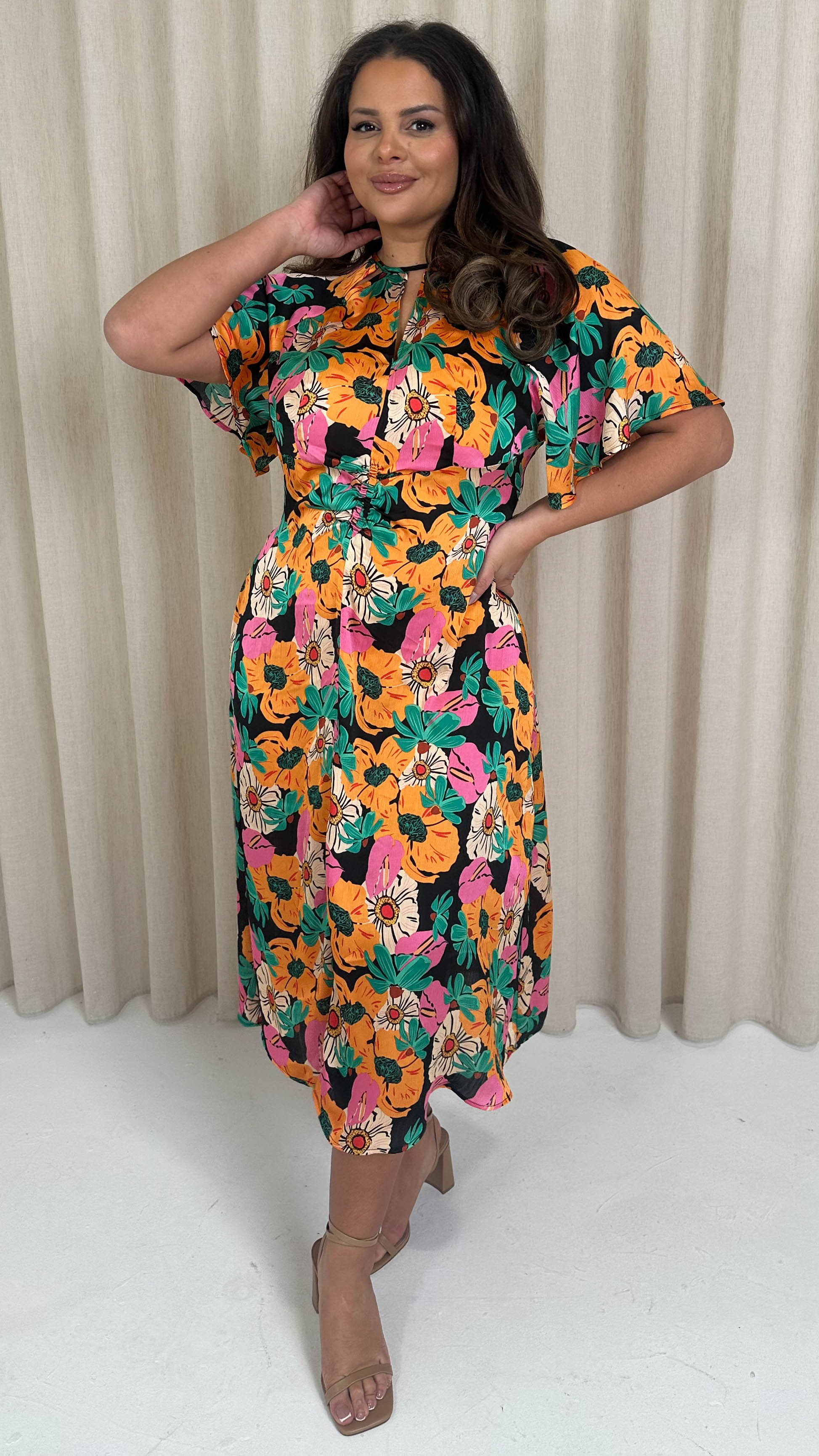 CurveWow Floral Cut Out Midi Dress Multi Floral