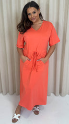CurveWow Maxi T-Shirt Dress With Drawstring Hot Coral