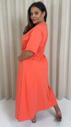 CurveWow Maxi T-Shirt Dress With Drawstring Hot Coral