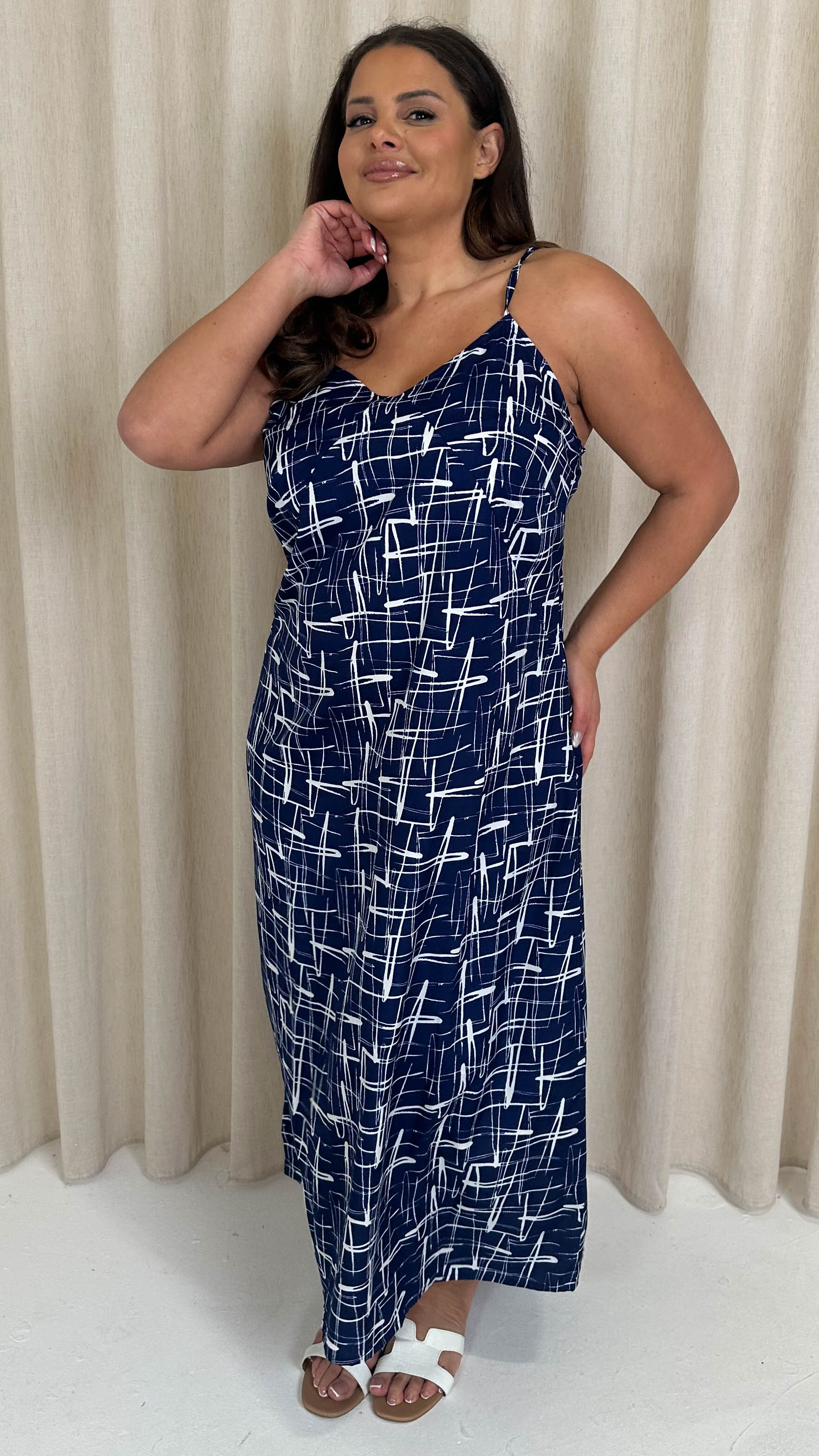 CurveWow Strappy Summer Tea Dress Blue/White Abstract