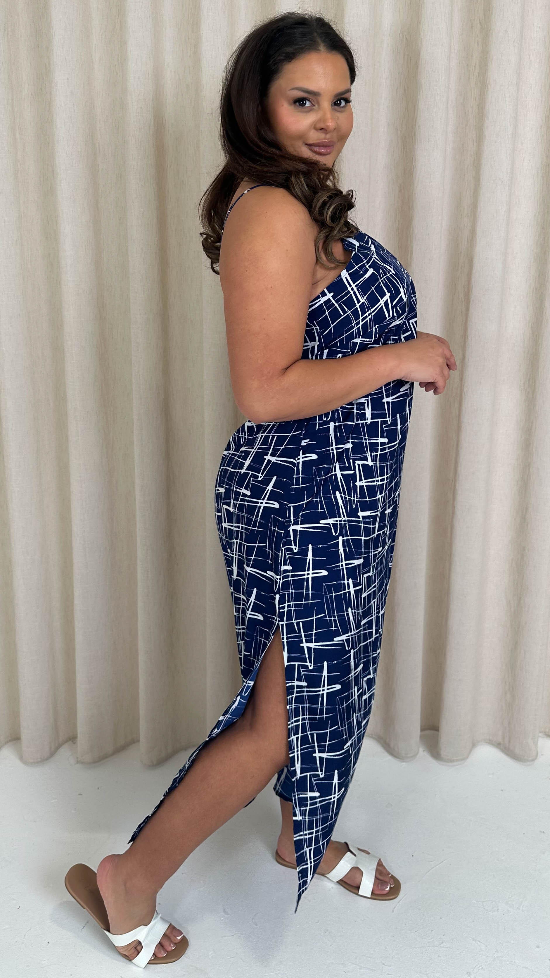 CurveWow Strappy Summer Tea Dress Blue/White Abstract