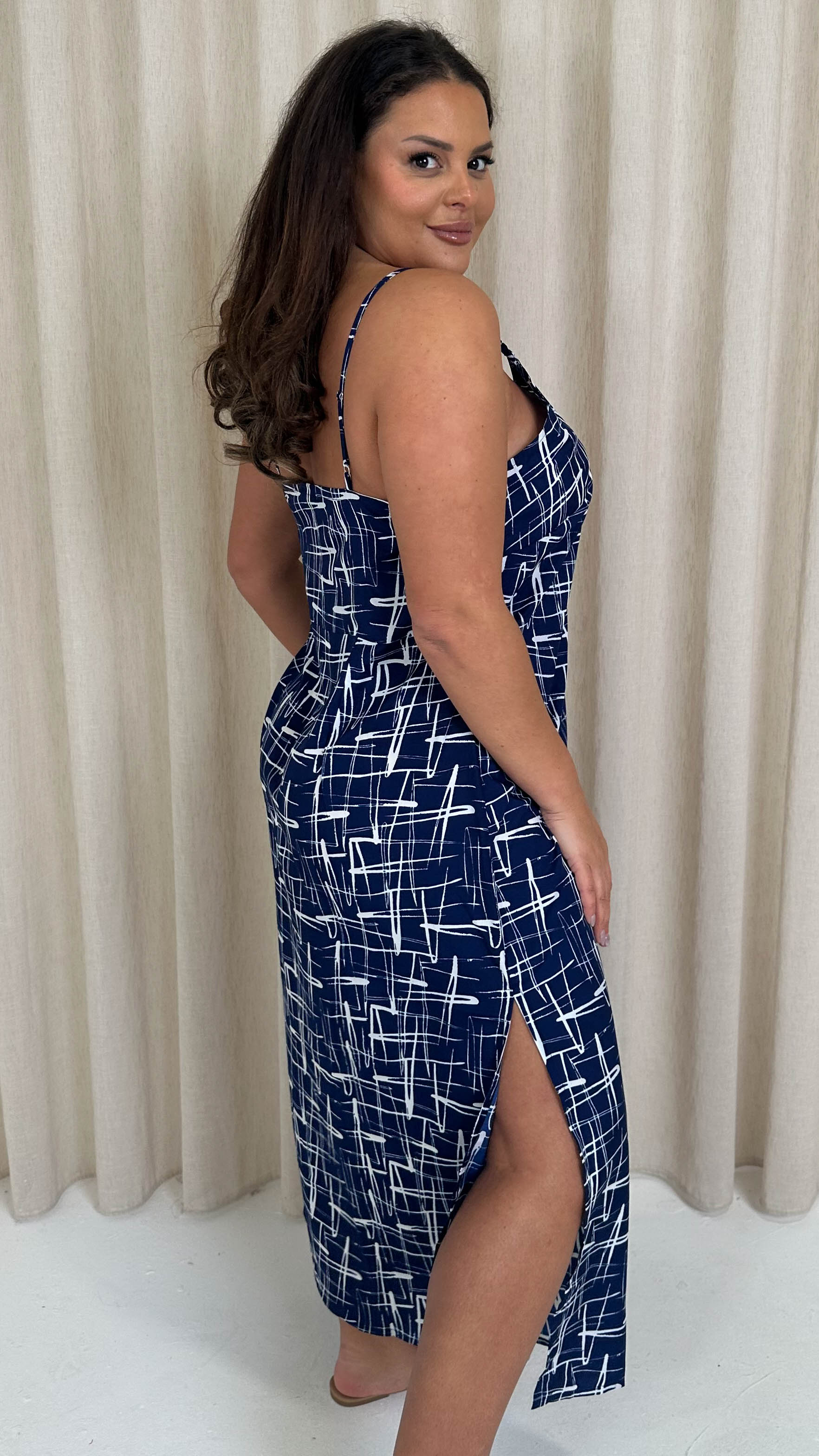 CurveWow Strappy Summer Tea Dress Blue/White Abstract