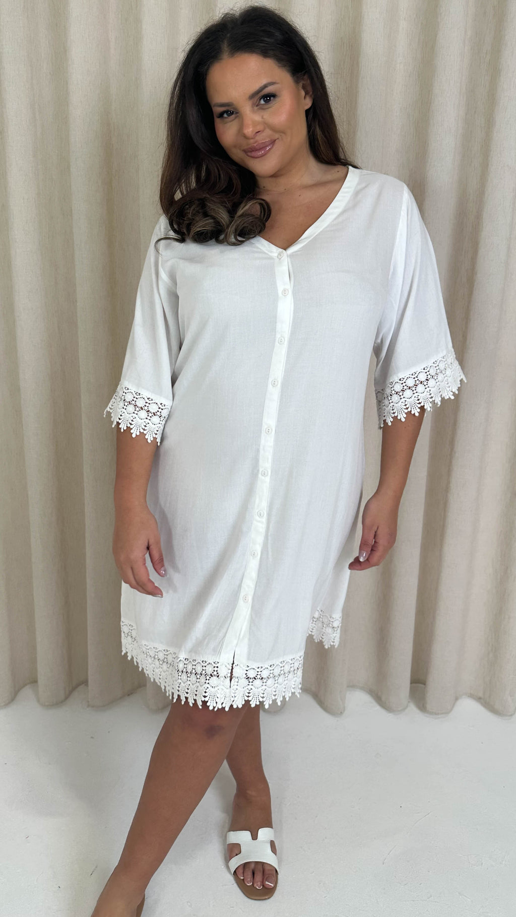CurveWow Lace Trim Button Front Tunic Dress White