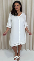 CurveWow Lace Trim Button Front Tunic Dress White