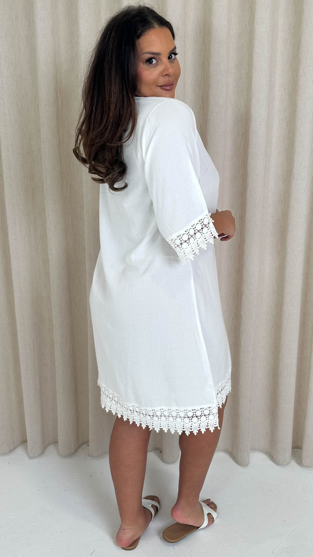 CurveWow Lace Trim Button Front Tunic Dress White