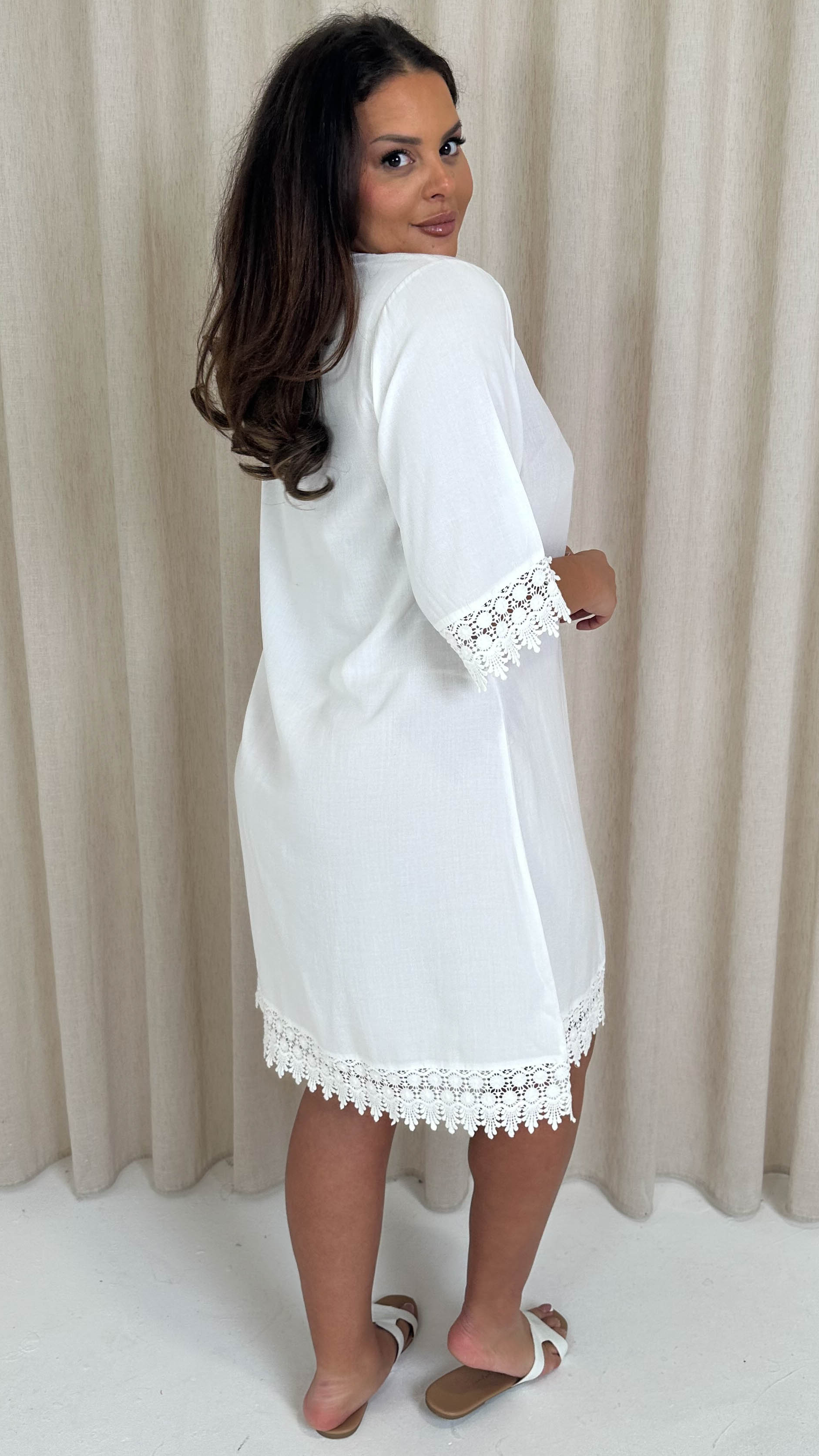 CurveWow Lace Trim Button Front Tunic Dress White