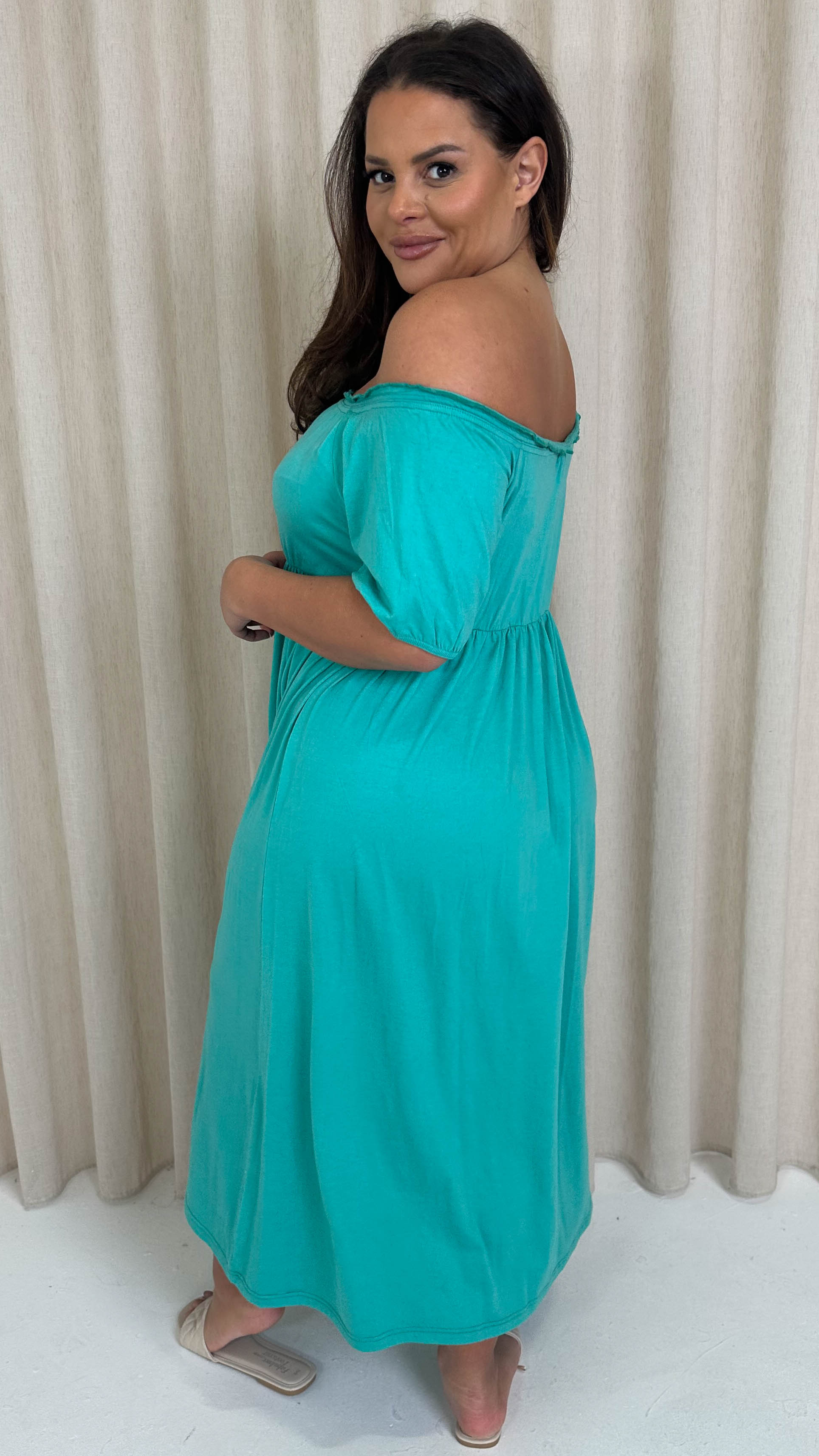 CurveWow Bardot Button Front Dress Atlantis Green