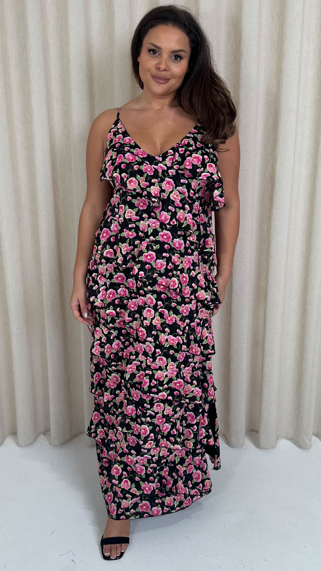 CurveWow Ruffle Tiered Maxi Dress Black Floral
