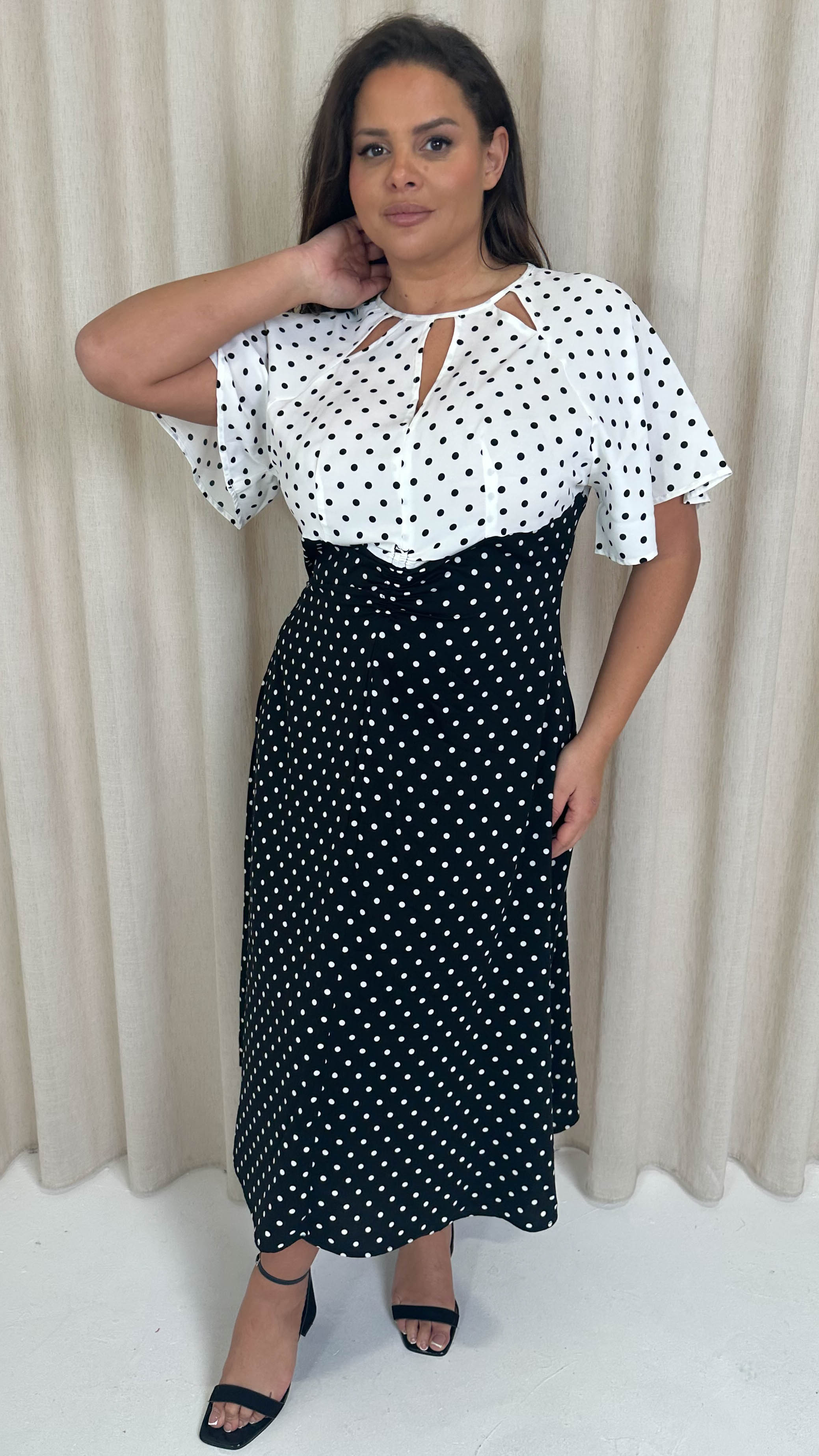 CurveWow Cut Out Midi Dress Black/White Polka Dots