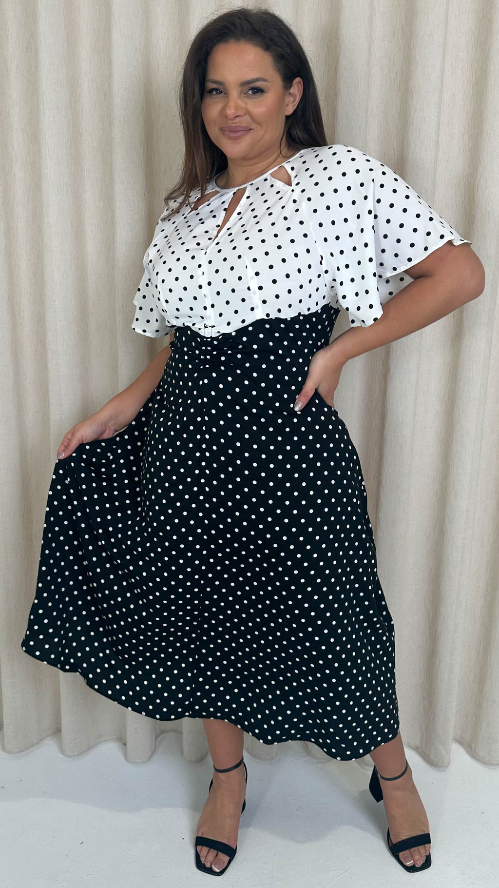 CurveWow Cut Out Midi Dress Black/White Polka Dots