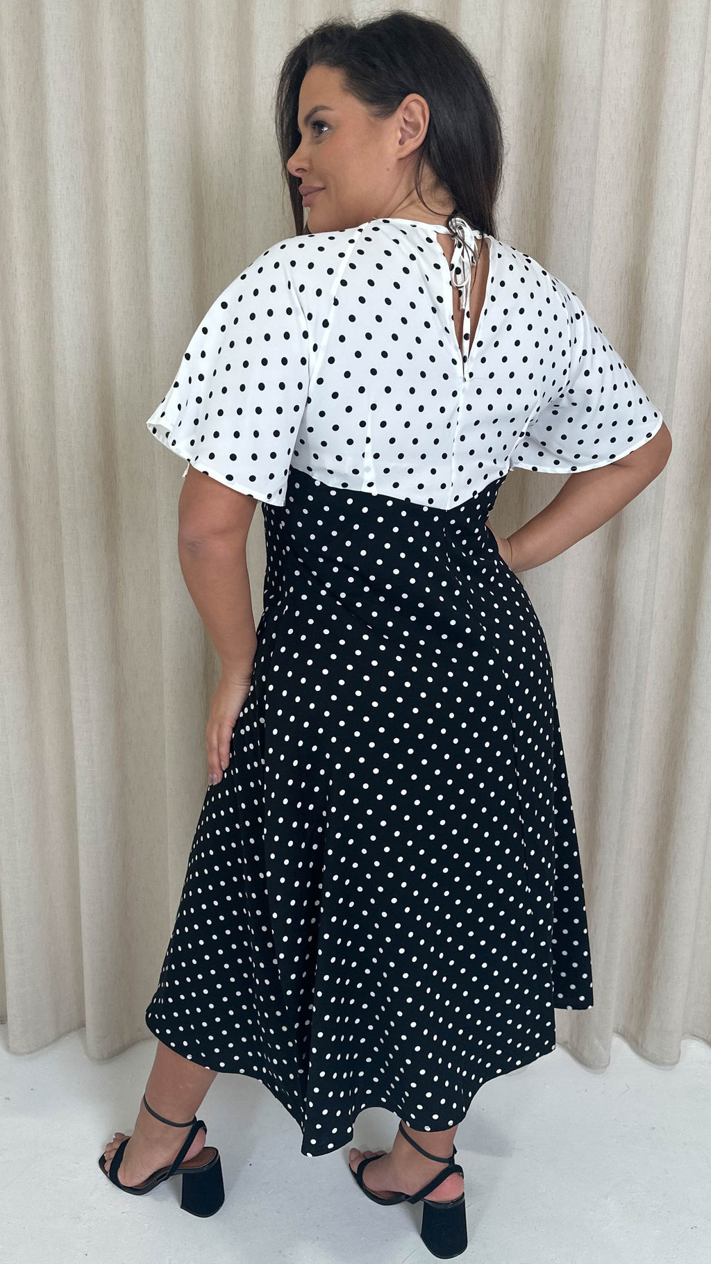 CurveWow Cut Out Midi Dress Black/White Polka Dots