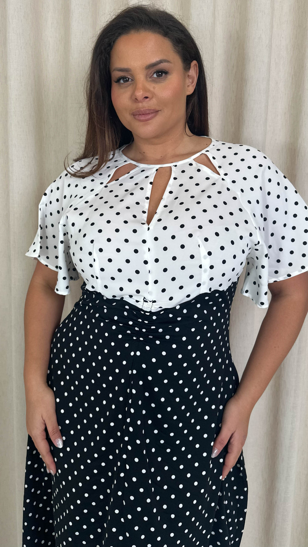 CurveWow Cut Out Midi Dress Black/White Polka Dots