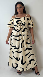 CurveWow Cotton Puff Sleeve Cold Shoulder Dress Mono