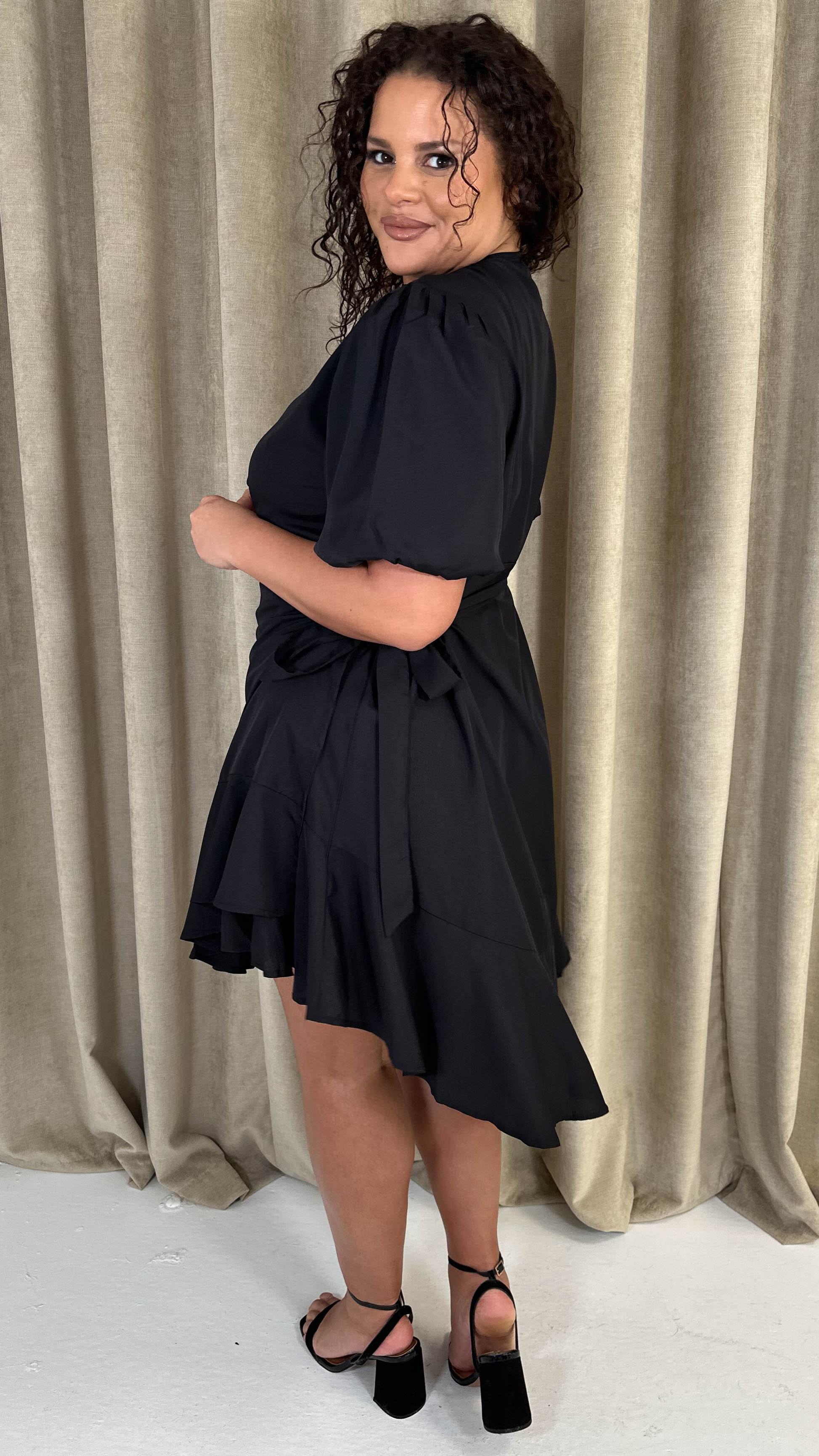 CurveWow Asymmetric Puff Sleeve Wrap Dress Black