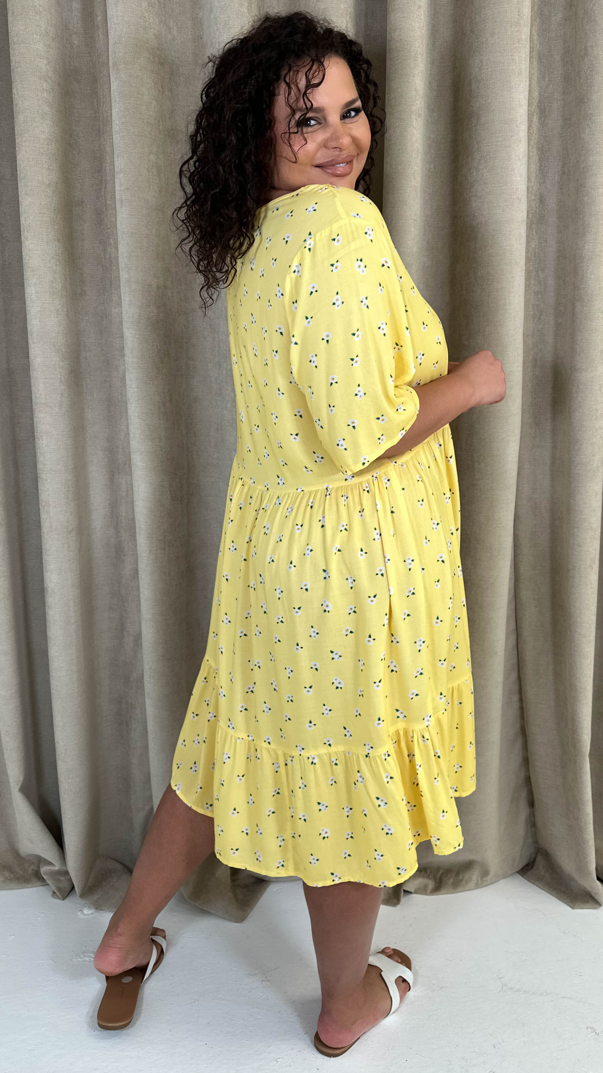 CurveWow Button Front Tea Dress Yellow Floral