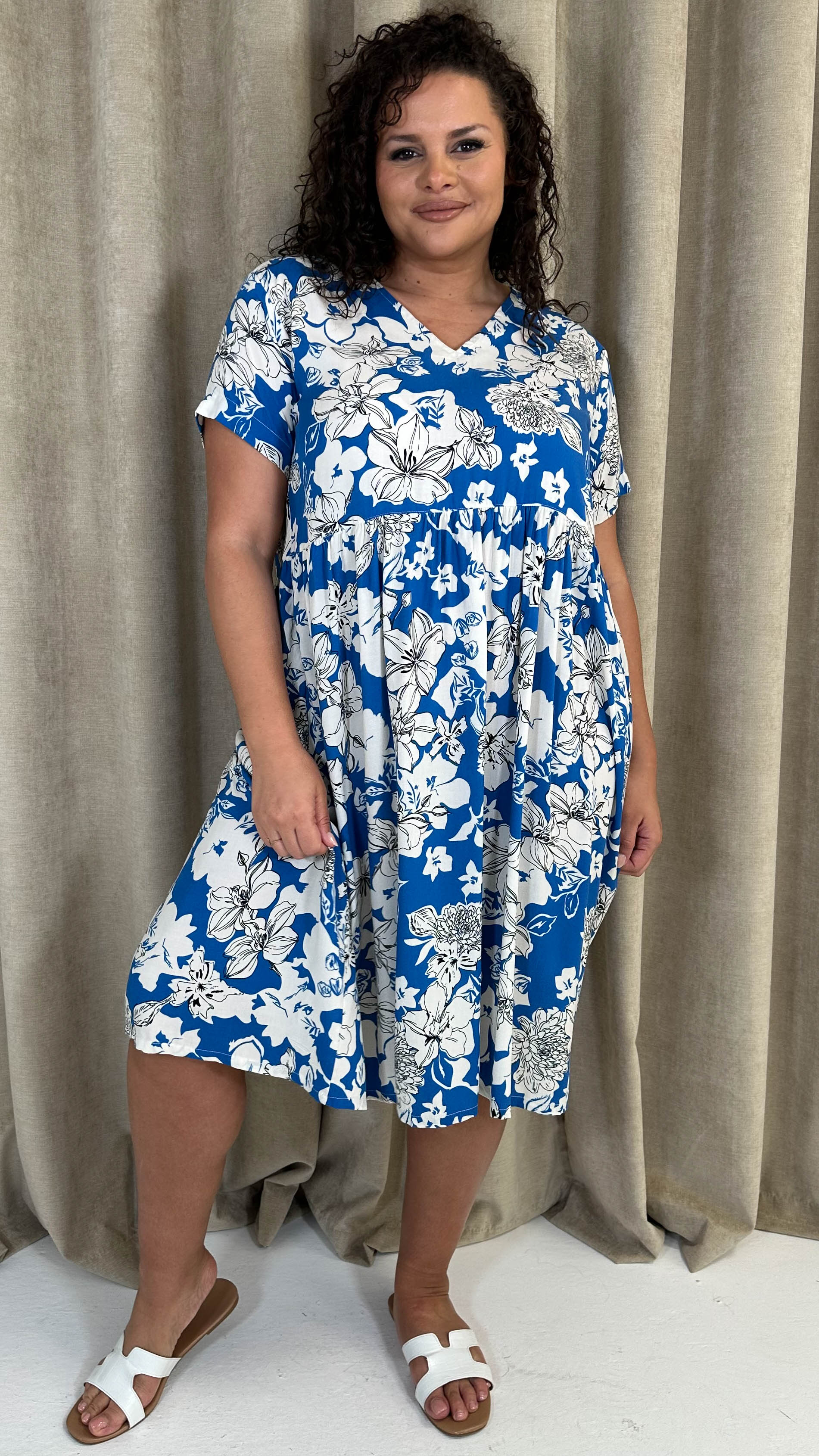 CurveWow Printed V Neck Smock Dress Blue Floral