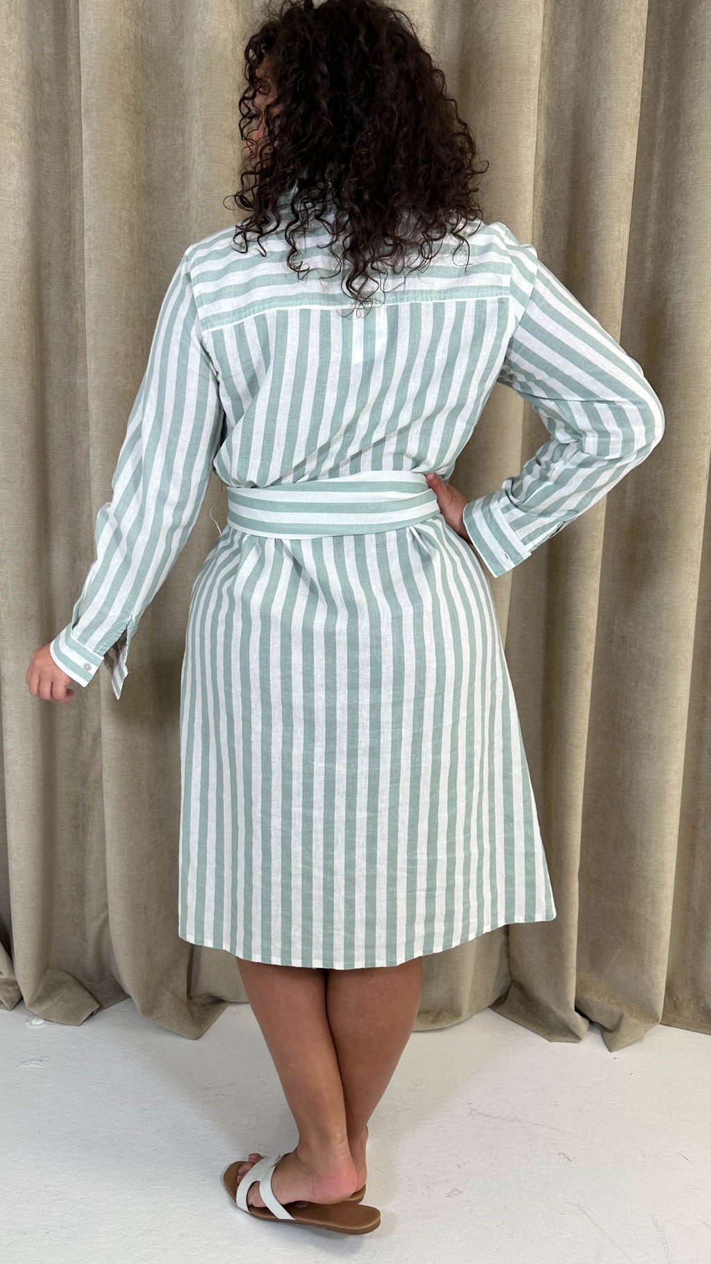 CurveWow Linen Belted Oversized Shirt Dress Green/White Stripe