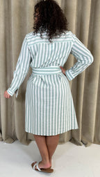 CurveWow Linen Belted Oversized Shirt Dress Green/White Stripe