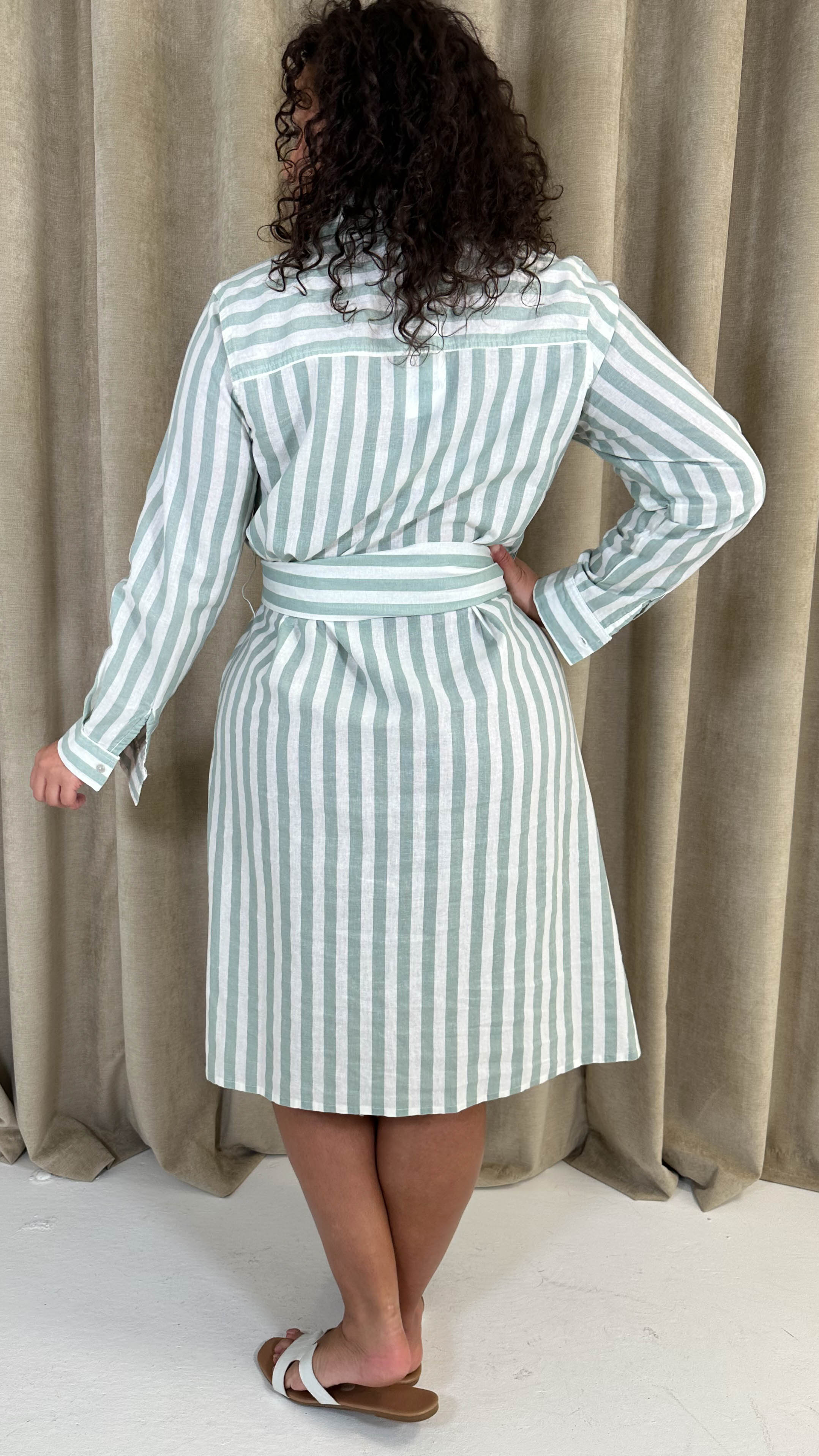 CurveWow Linen Belted Oversized Shirt Dress Green/White Stripe