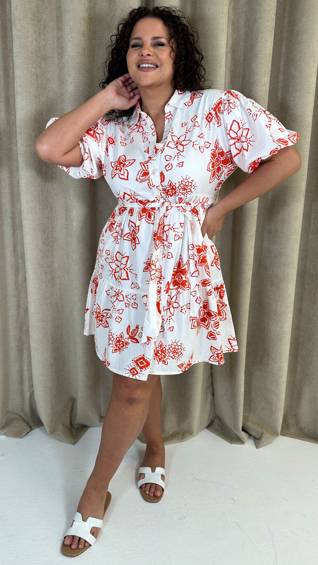 CurveWow Puff Sleeve Tiered Shirt Dress White Floral