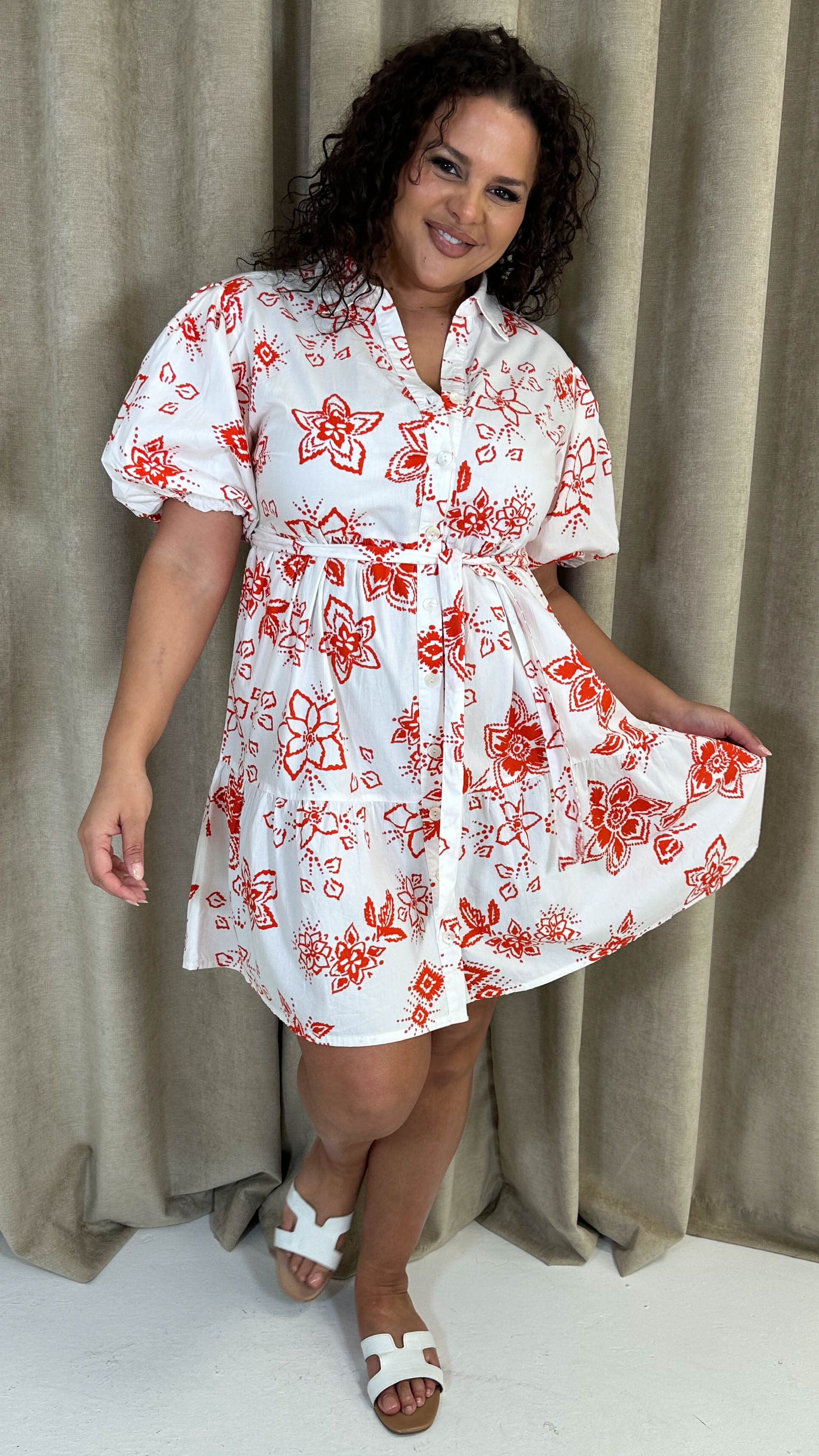 CurveWow Puff Sleeve Tiered Shirt Dress White Floral