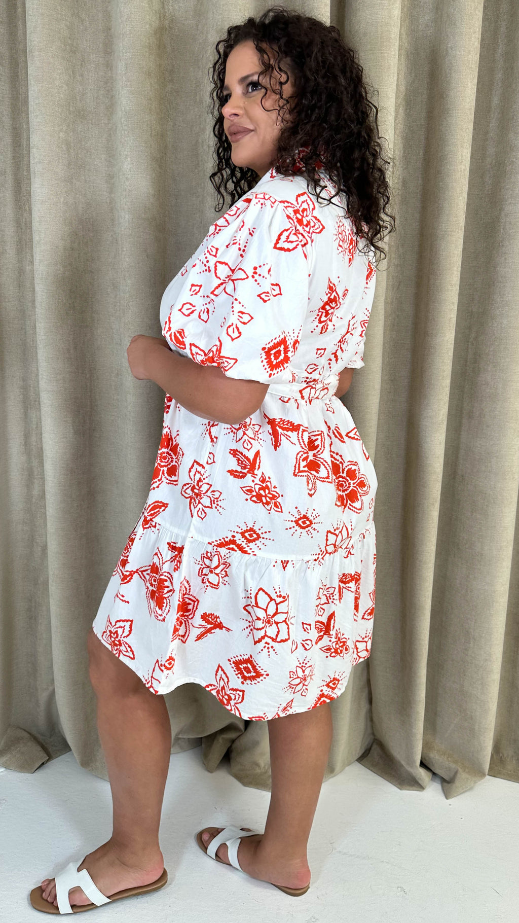 CurveWow Puff Sleeve Tiered Shirt Dress White Floral