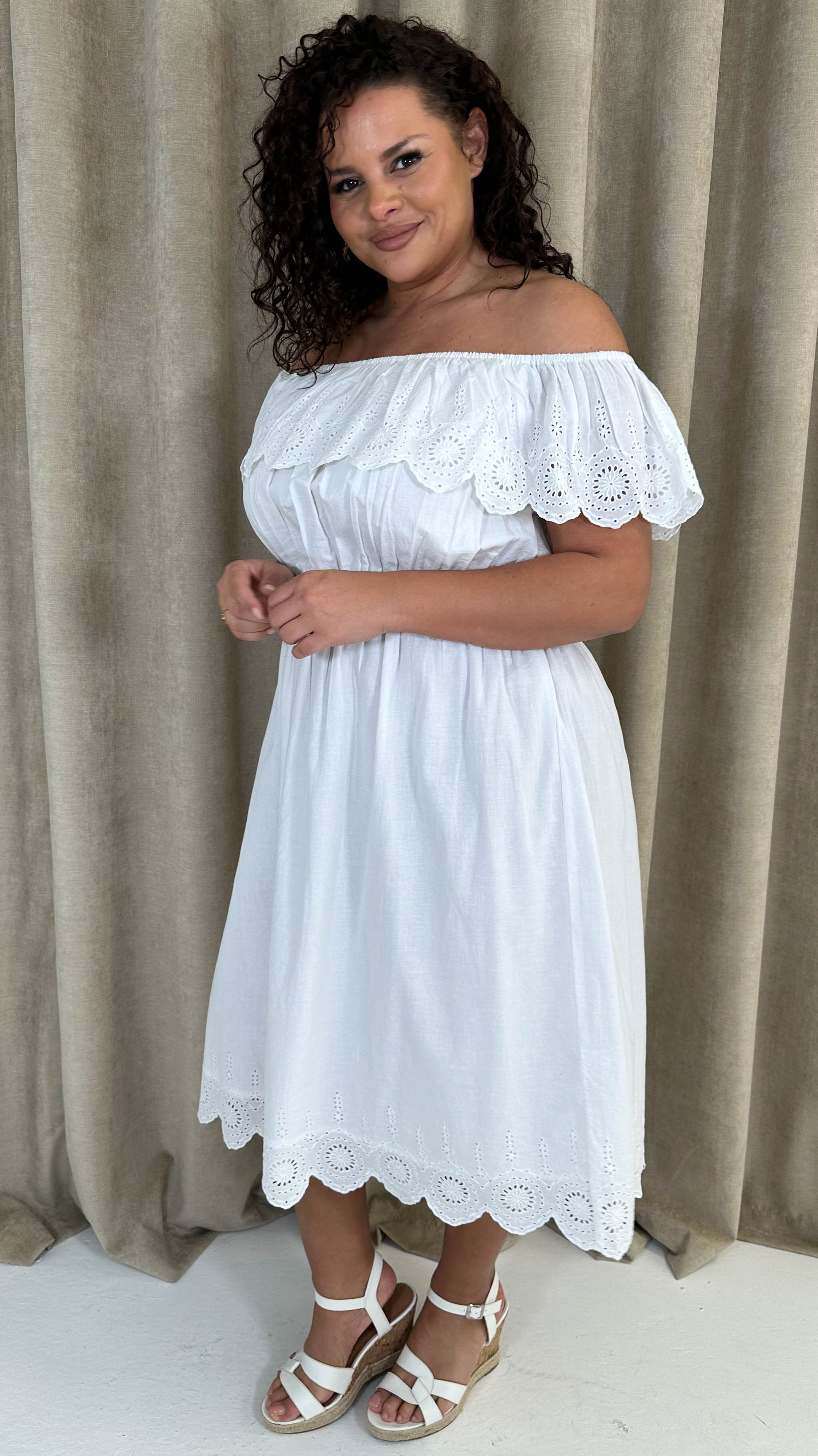 CurveWow Broderie Bardot Midi Dress White