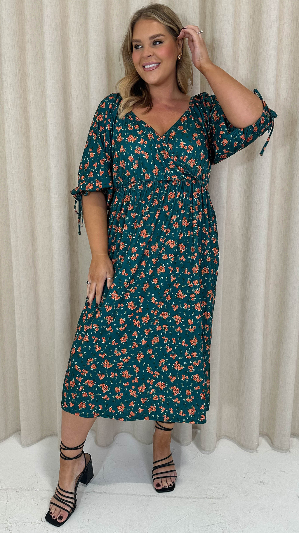 CurveWow Wrap 3/4 Balloon Sleeve Dress Green Floral