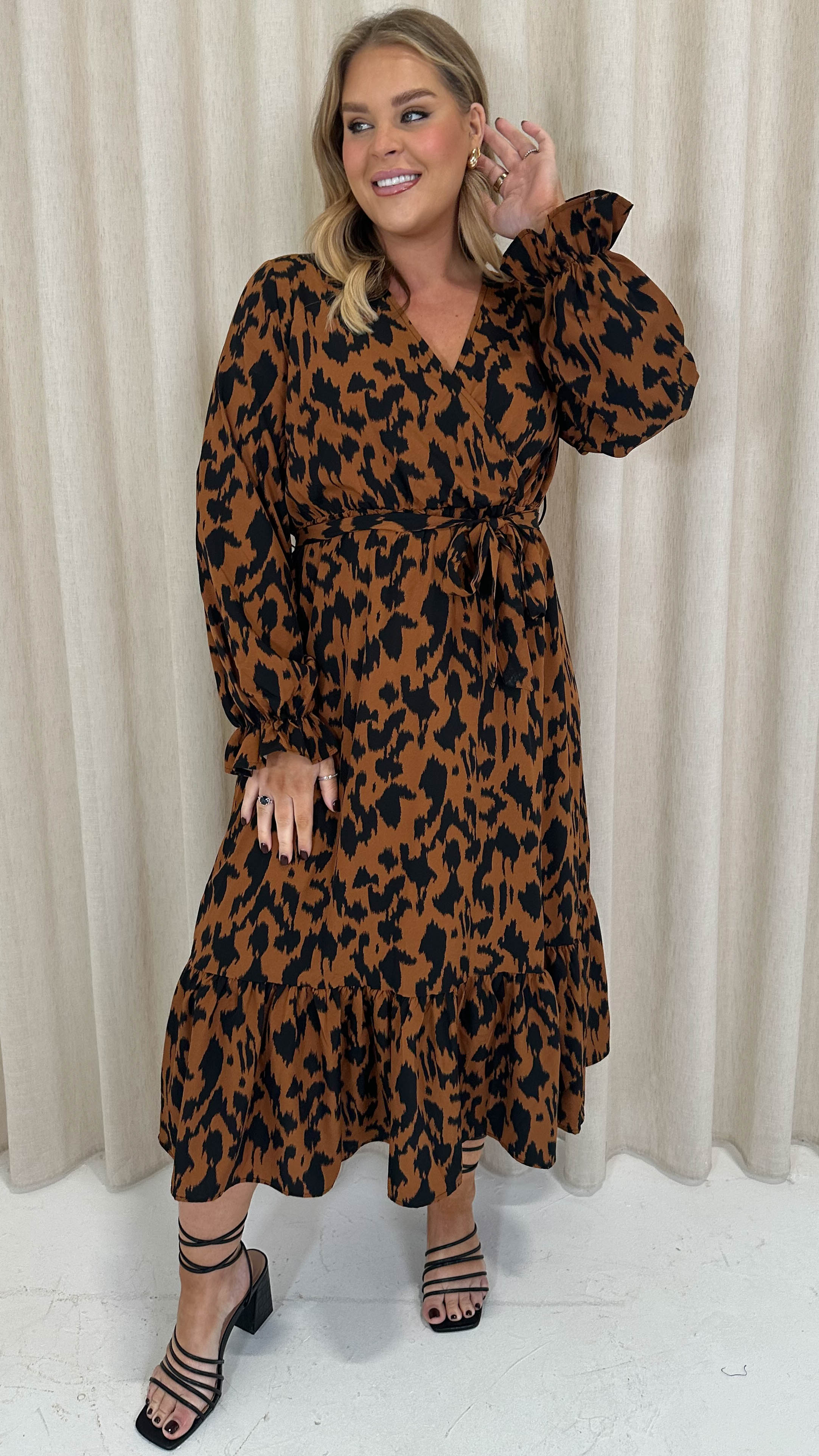 CurveWow Long Sleeve Wrap Midaxi Dress Brown Animal