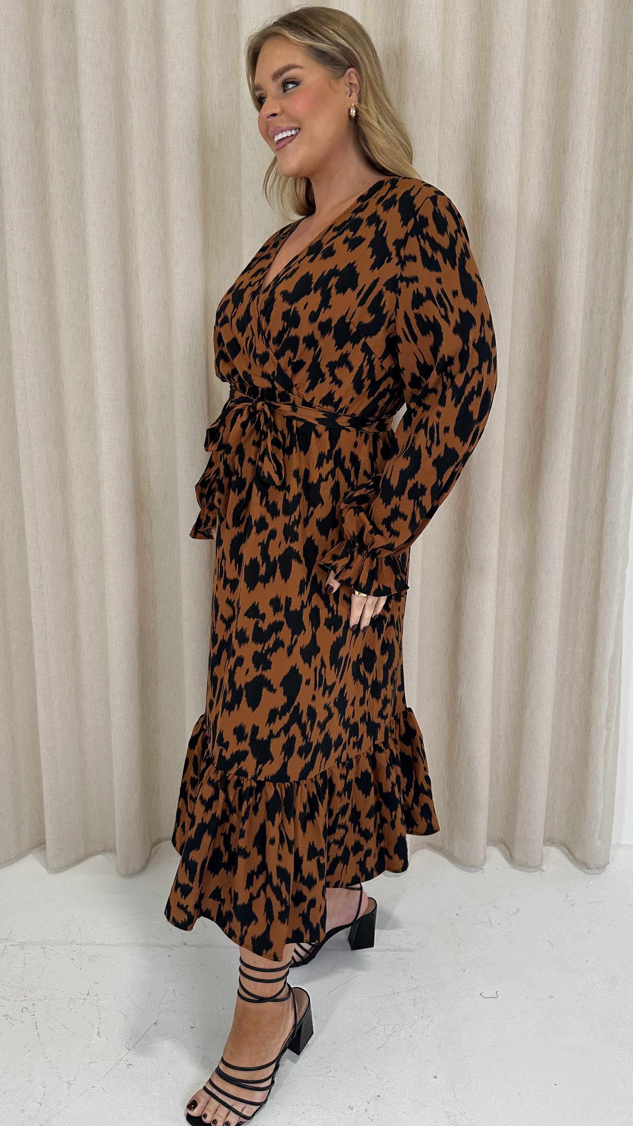 CurveWow Long Sleeve Wrap Midaxi Dress Brown Animal