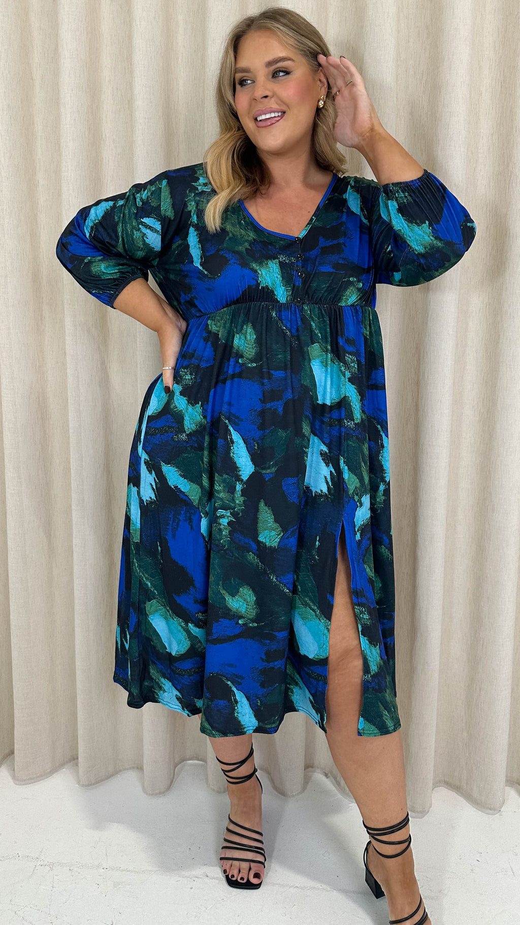 CurveWow Button Front Midi Dress Blue Brush Stroke