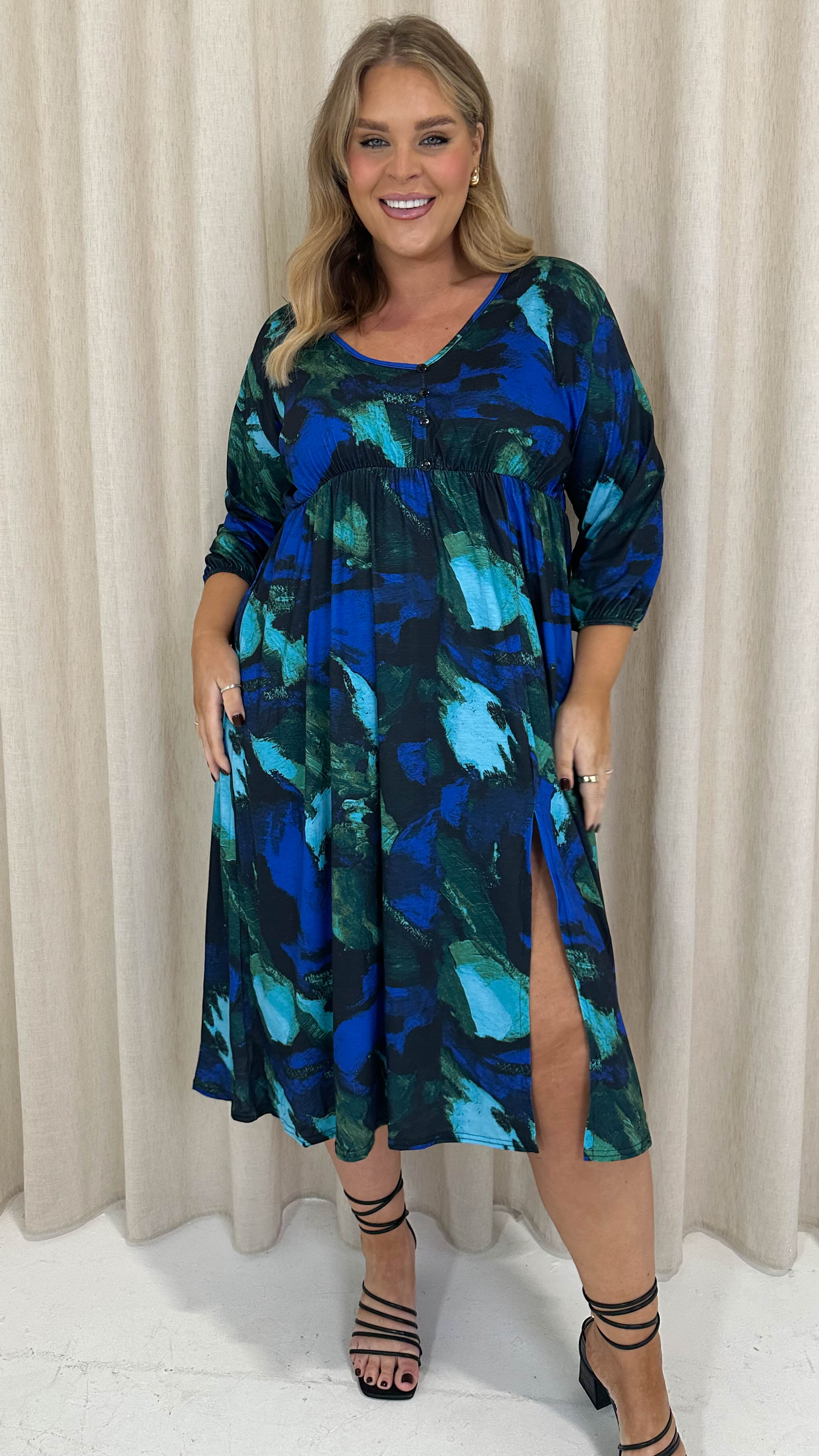 CurveWow Button Front Midi Dress Blue Brush Stroke