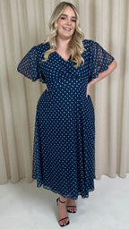 CurveWow Mesh Angel Sleeve Dress Navy Spot