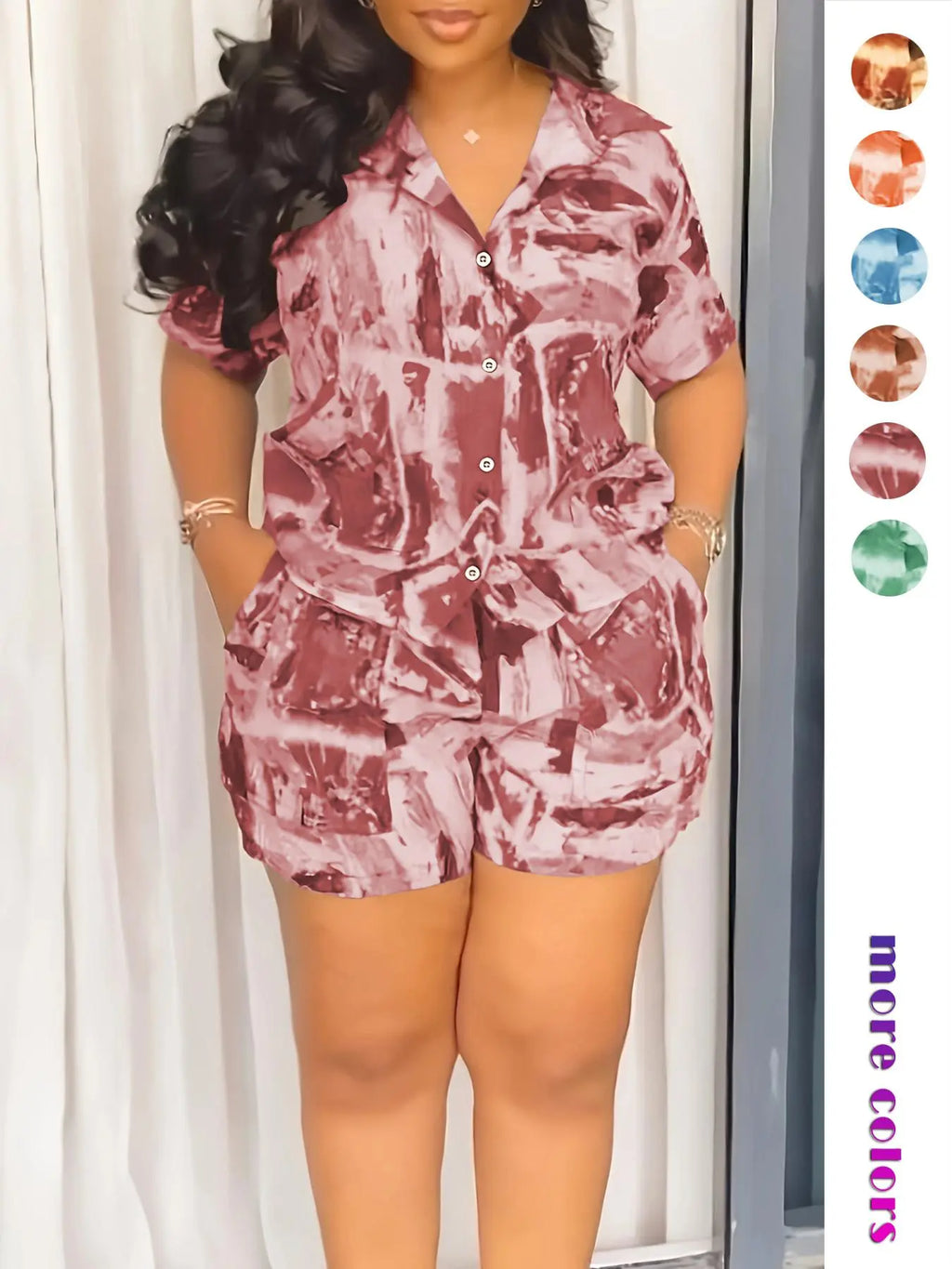 Two-piece Set Women's All Over Print Short Sleeve Shirt & Shorts