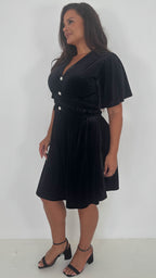 CurveWow Velvet Diamante Button Front Mini Dress Black