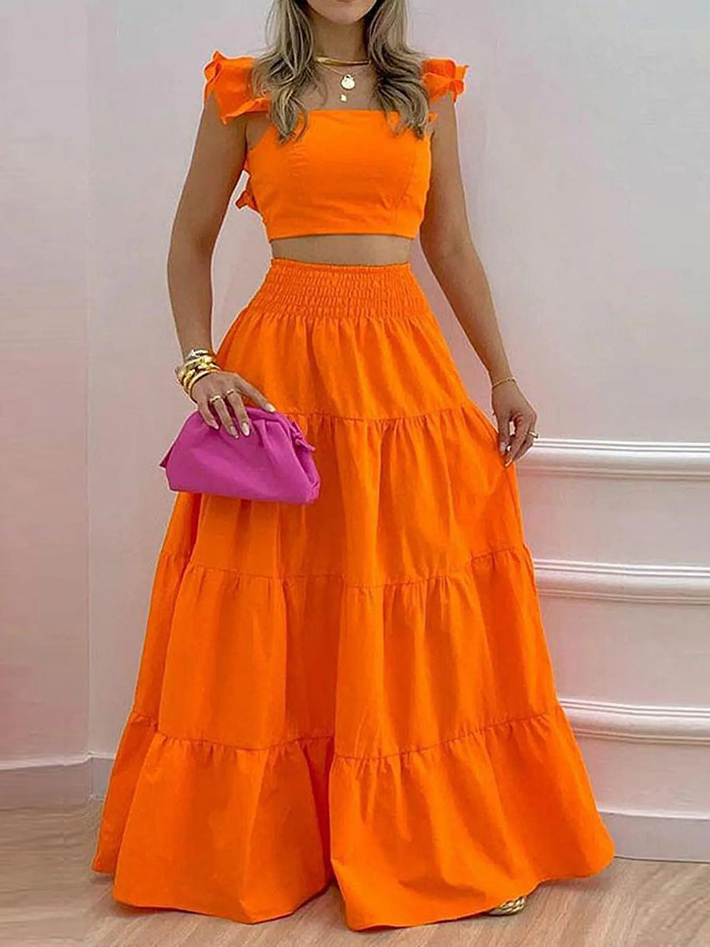 Women's Solid Color / Floral Print Shirred Top & Long Skirt Two-piece Set, Boho Fashion Casual Top & Skirt for Daily Holiday Vacation Wear, Ladies for Summer