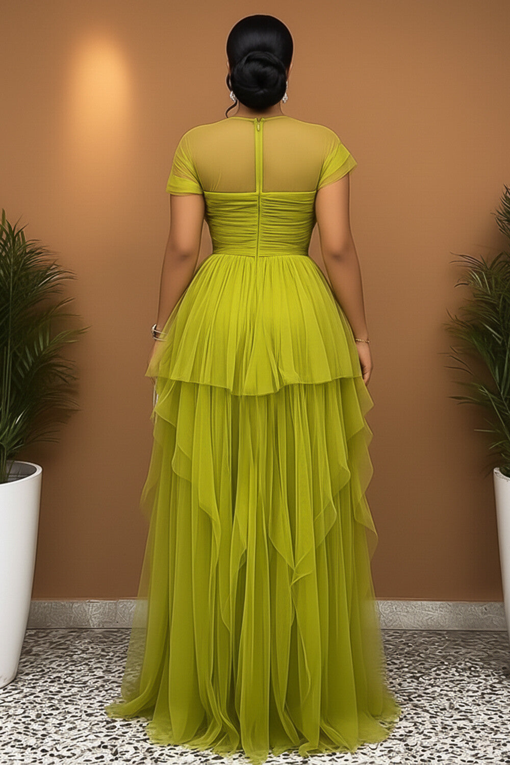 Short Sleeve Cinch Waist High Slit Tulle Gowns Maxi Dresses