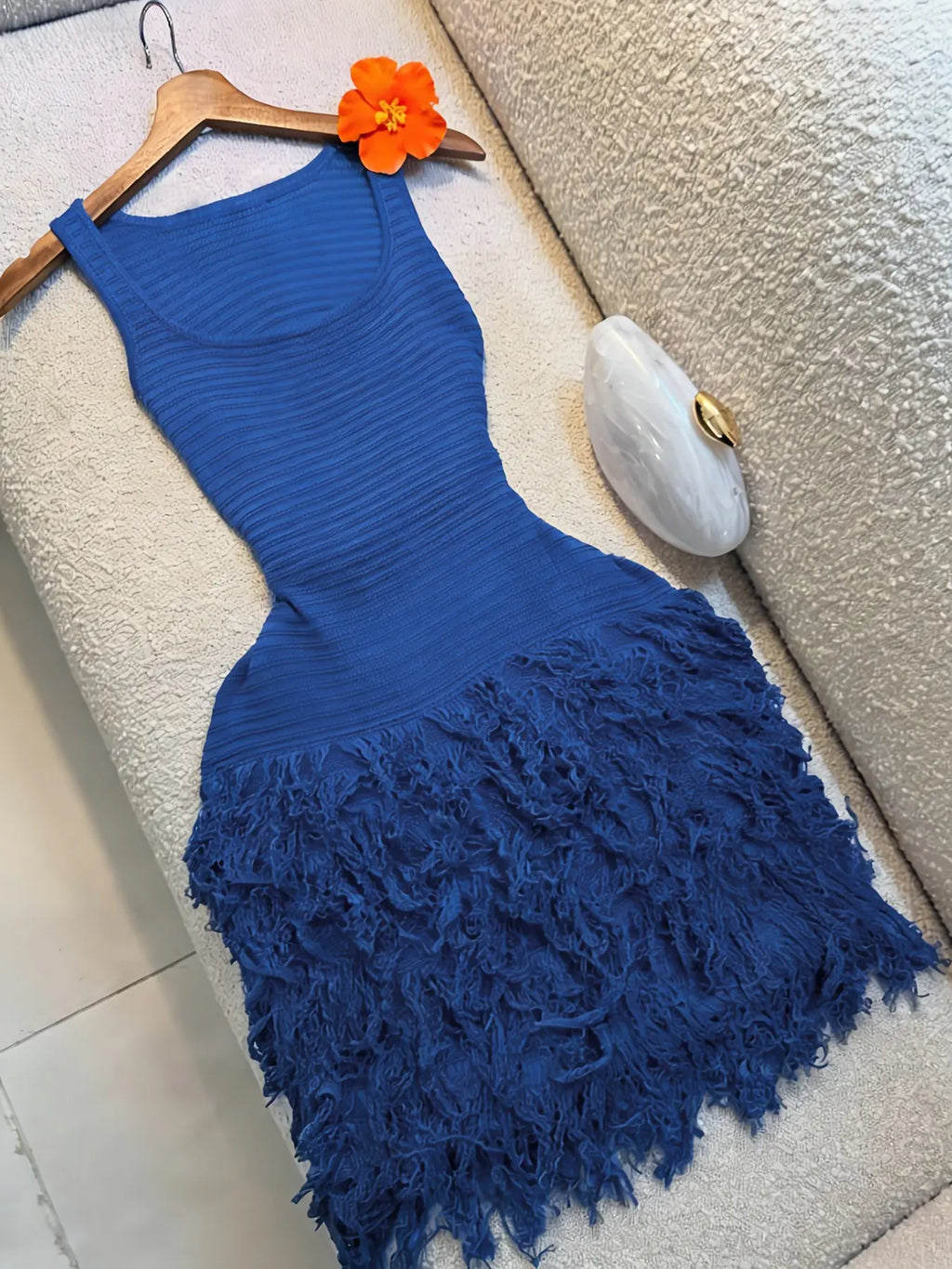 Elegant Knitted Bodycon Dress, Summer Vacation Fringe Skirt
