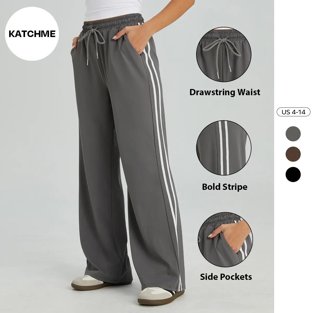 Women's Casual High Waist Striped Wide Leg Trousers, Sporty Drawstring Waist Side Pocket Outfit, Minimalist Versatile Women's Bottom