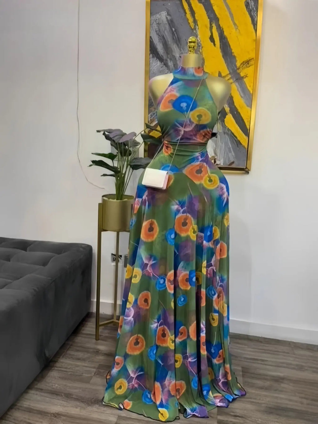 Women's O-Neck Sleeveless Stacked A-line Maxi Dress, Elegant Romantic Dress, Autumn Party Gown, Beach Evening Dress, Printed Long Dress for Birthdays, Jellyfish Camouflage Printed with Sashes Floor Length Dresses